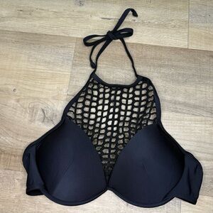 Black High-Neck Mesh Detail Bikini Top